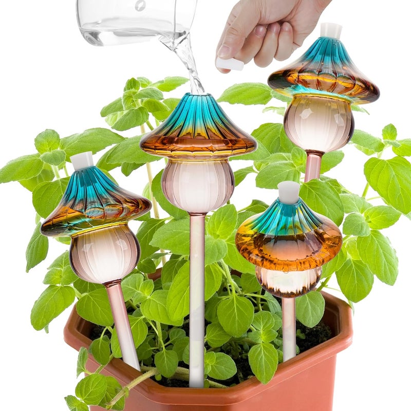 Kaimfdg Plant Watering Globes Mushroom, Rainbow Gradient Color Glass Watering Bulbs, Self Watering Planter Insert, Self Watering Globes - Plant Watering Devices for Travel Vacation (4 PCS) - Image 1
